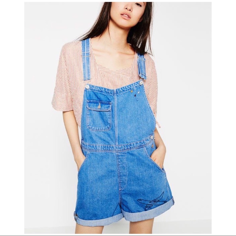 NWT ZARA SHORT EMBROIDERED DENIM JUMPSUIT SZ M